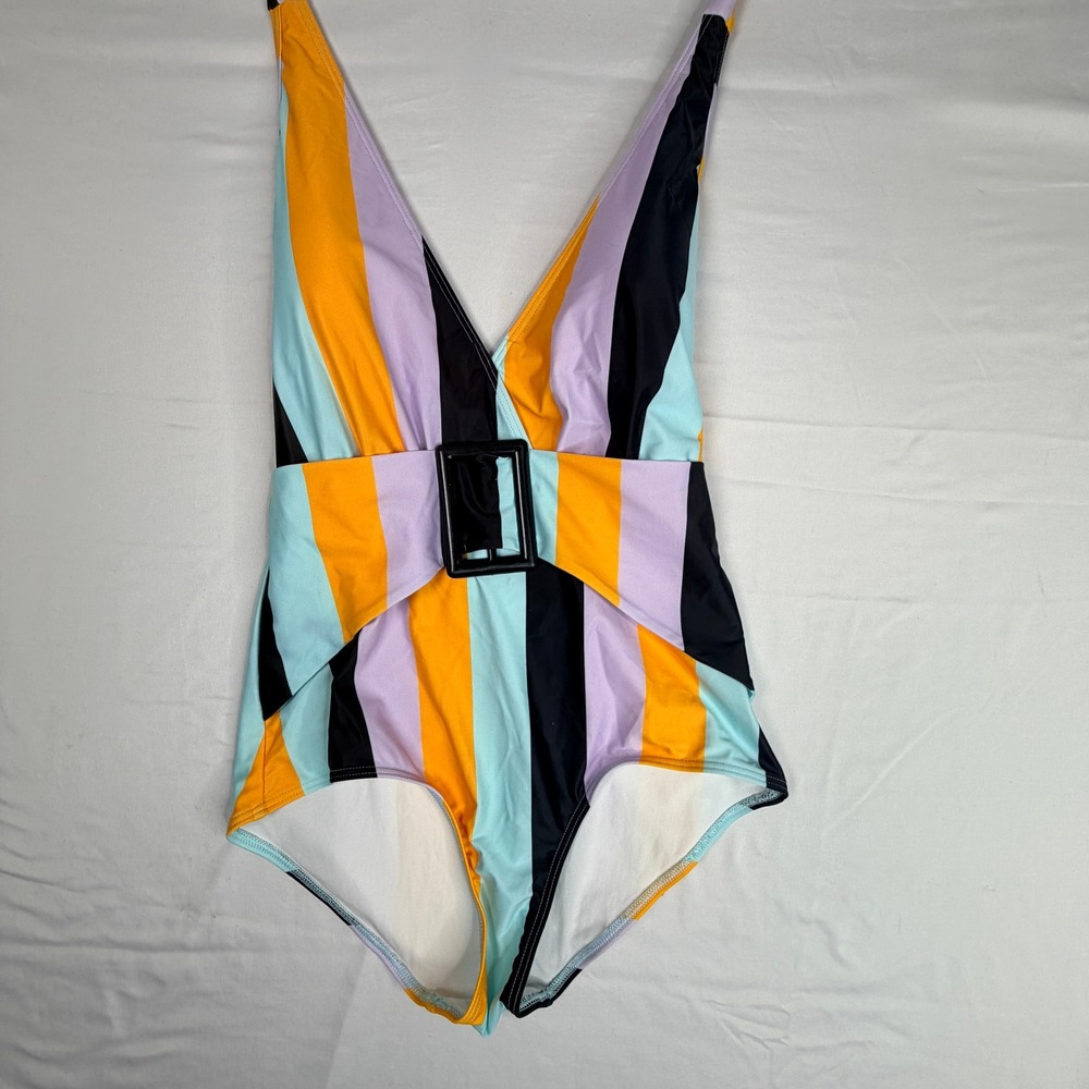 ModCloth Retro Striped One Piece Swimsuit Buckle Belted V-Neck Multi Color Large